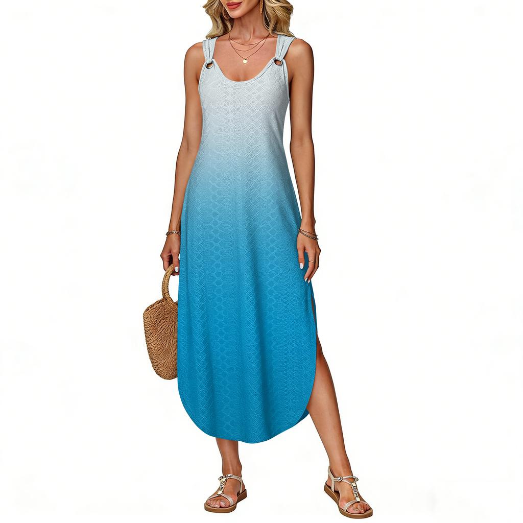 Women's Summer Long Dress, Sleeveless with Side Slits, Long Gradient Vest Dress