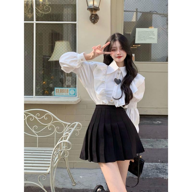 

Дизайн женской рубашки с длинными рукавами с оборками Новая ретро-топ S белый