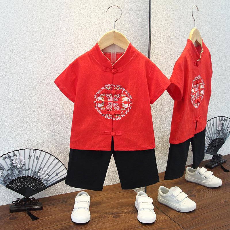 Completo Estivo da Ragazzo a Maniche Corte Stile Cinese per Bambini Hanbok Bello Completo Tang Cotone Lino Sezione Sottile di Abbigliamento Antico
