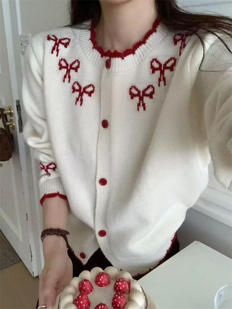 Korean Version Lazy Soft Waxy Contrasting Color Bow Warm Sweater Cardigan Women's Autumn New Thin Outer Top