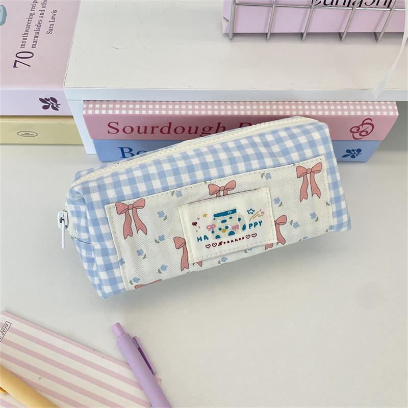 Sweet Cute Splicing Plaid Bow Pencil Case Portable Large Capacity Student Stationery Storage Bag Pen Bag Girly Cosmetic Bag Gift