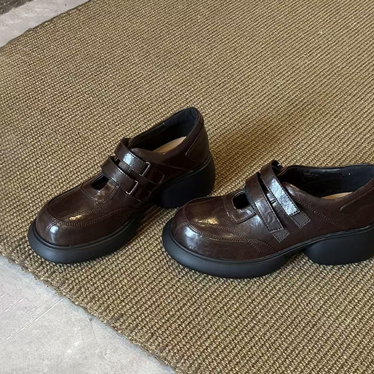 

Sheepskin version~ British style leather Velcro niche loafers women s platform small fashion new small leather shoes 40