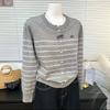 Autumn Round-neck Long-sleeved Striped Letter-embroidered Thin Knitted Cardigan for Women