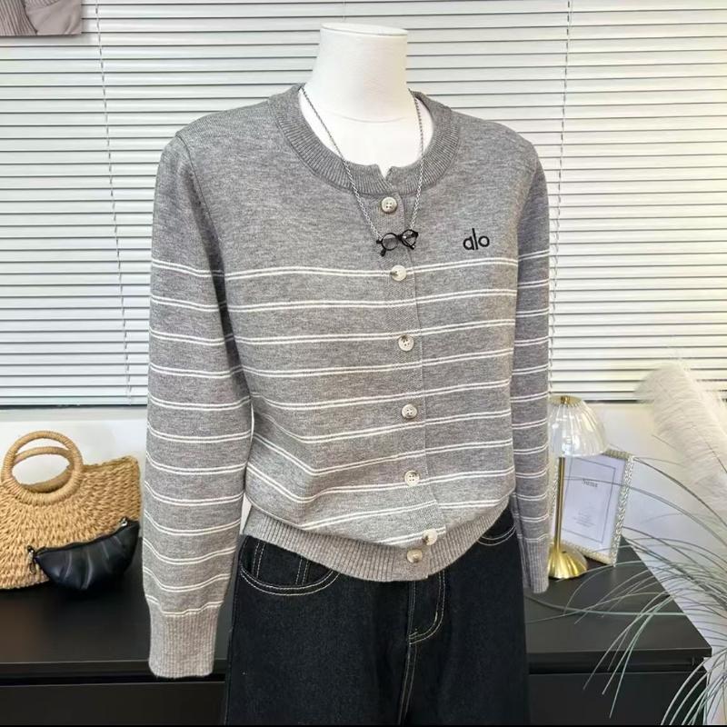 Autumn Round-neck Long-sleeved Striped Letter-embroidered Thin Knitted Cardigan for Women