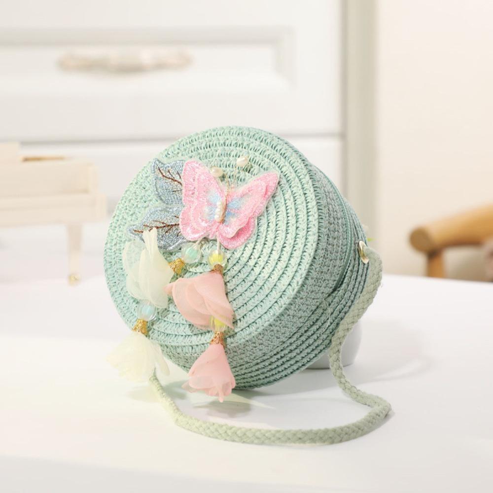 Cute Lace Bow Straw Bag Hand-woven Lightweight Beach Bag Zipper Round Kids Crossbody Purse