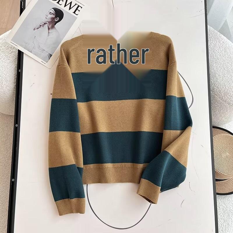 

Женский вязаный свитер-поло с V-образным вырезом в японском стиле в полоску Medium