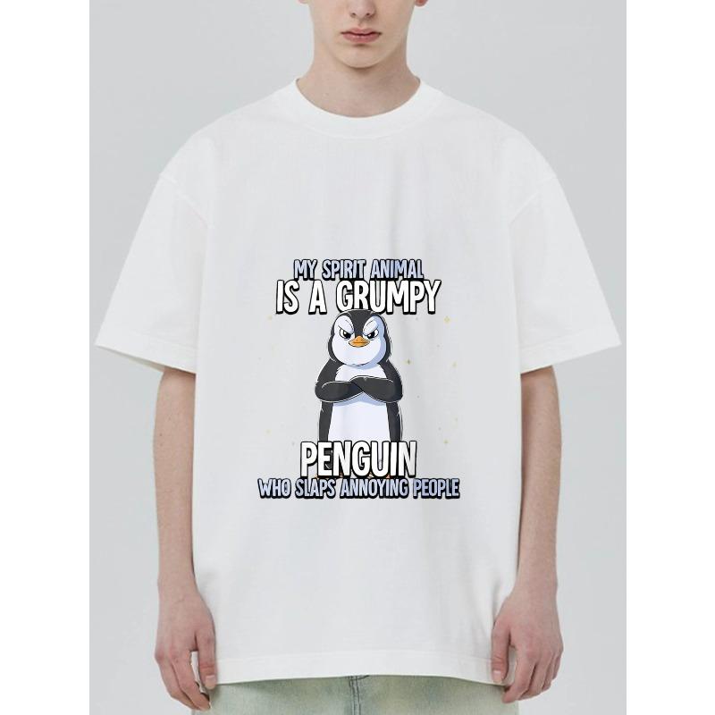 Crewneck T Shirt Black Grumpy Penguin with Text My Spirit Animal Is A Grumpy Penguin Who Slaps Annoying People Casual Wear for Men and Women