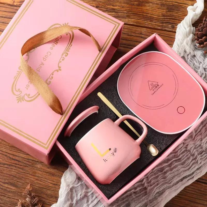 Portable USB Rechargeable Heating Cup 55℃ Thermal Ceramic Mug with Stainless Steel Spoon Gift Set for Travel Office Gift