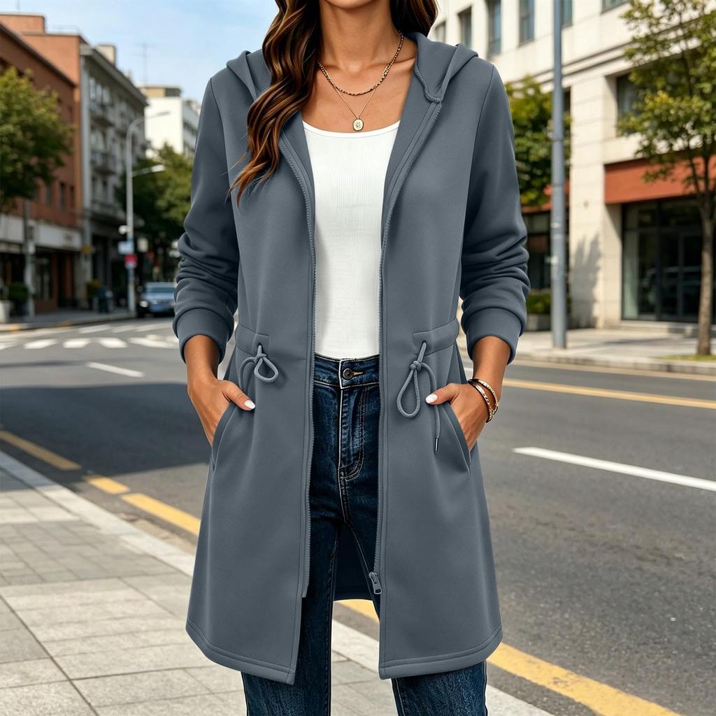 Damen Langarm Kapuzenpullover mit Kordelzug in der Taille für Herbst und Winter