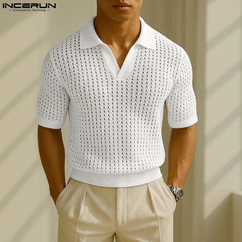

INCERUN Men Lapel Neck Hollowed-out Short Sleeve See Through Shirts S чорний