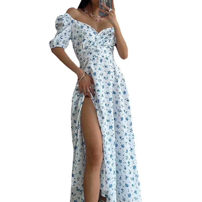 European and American women's clothing new fashionable, sexy V-neck bubble sleeves French elegant floral dress women