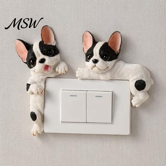 Frenchie Wall Art Decal 3D French Bulldog Resin Light Switch Cover, Cute Cartoon Dog Socket Creative Ornament Decor, Self-Adhesive Animal Plate