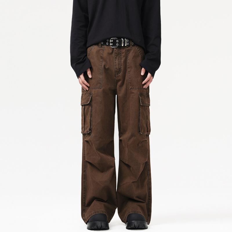 Pure Cotton Maillard Paratrooper Working Pants Men's Loose Straight Pulls, Wrinkled Design Jeans