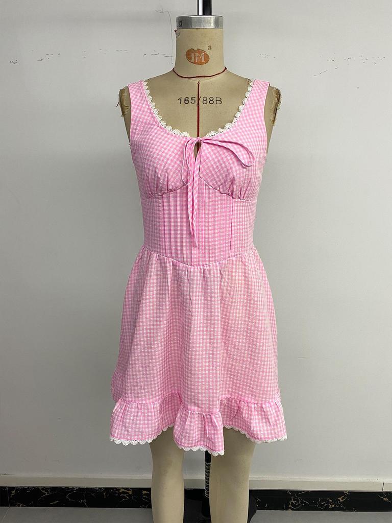 2026 Sleeveless Holiday Mini Dress: Sweet Lace Trim, Bow, Plaid Design