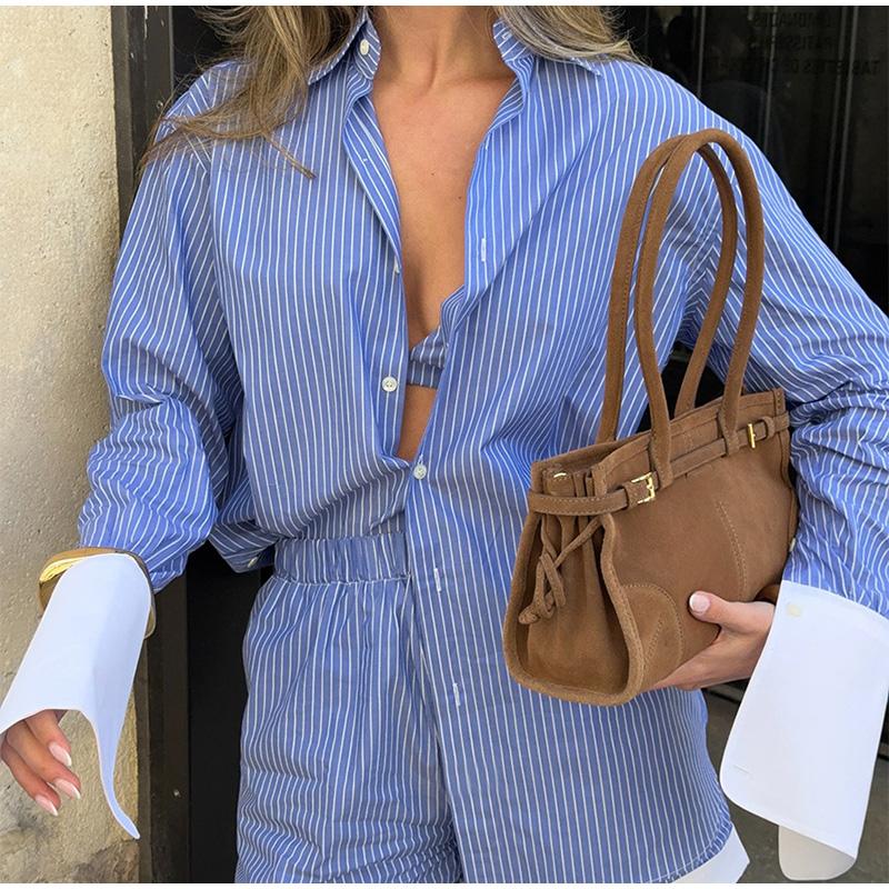 Women's Color Blocked Striped Shirt Wide Leg Shorts Set for Spring and Summer Casual Loose Fit Daily Commuting VersatileFrench Style Lady Sets