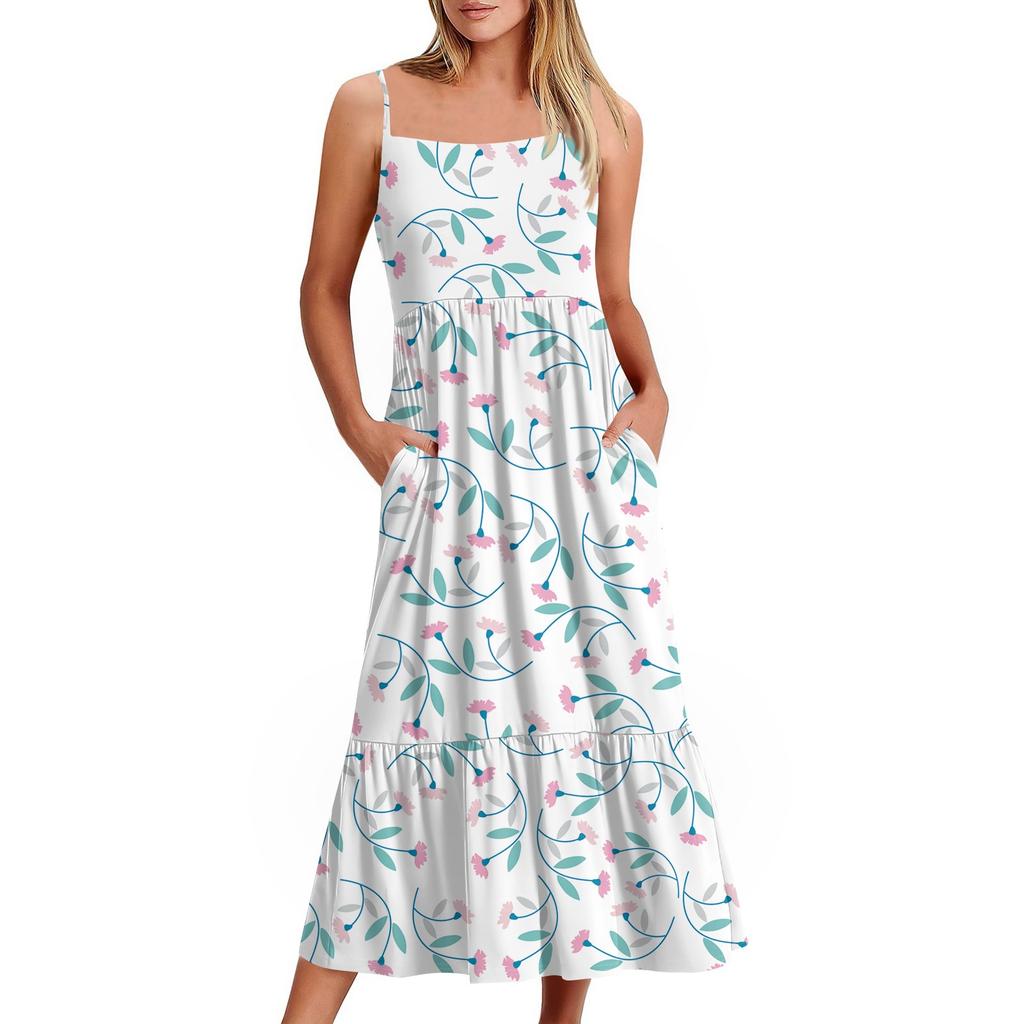 Kvinners Lang Strand Casual Elegant Spaghettistropp Maxi Kjole Blomstret Diskret Flytende Bohemsk Kjole