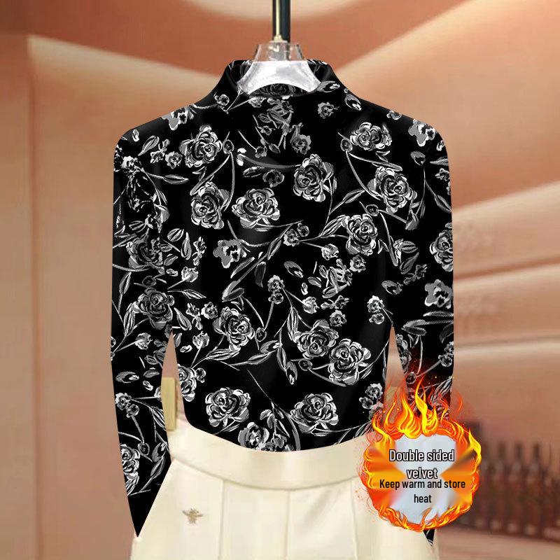 

Autumn/Winter Ribbed Thermal Base Layer for Older Women, Half-High Collar, Floral Print, Long Sleeve, Warm and Slimming. XL (105-120 jin)