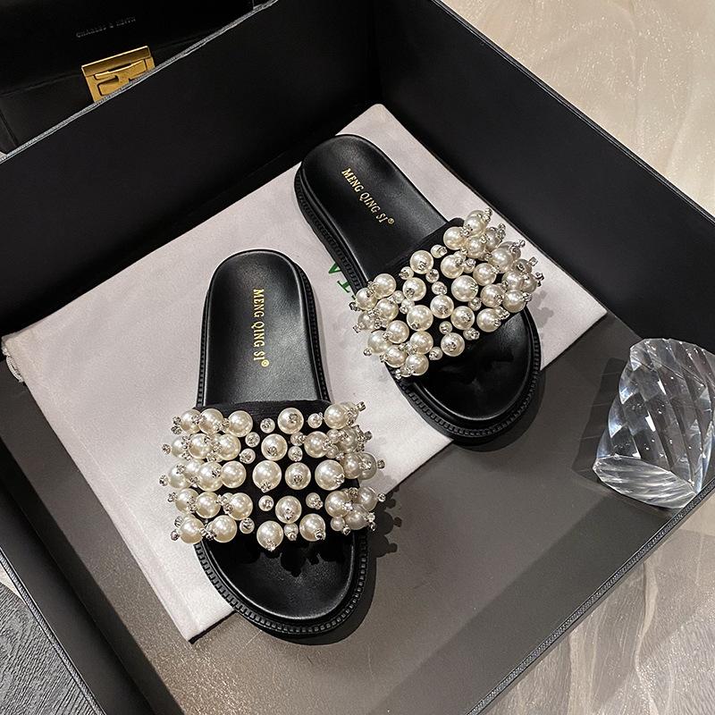 

Fashion Elegant Pearl Slippers Woman Beaded Shoes Summer Thicken Soled Sandals Flats Heels Slides Ladies Home Flipper Slip On Flip Flops 4.5 чёрный