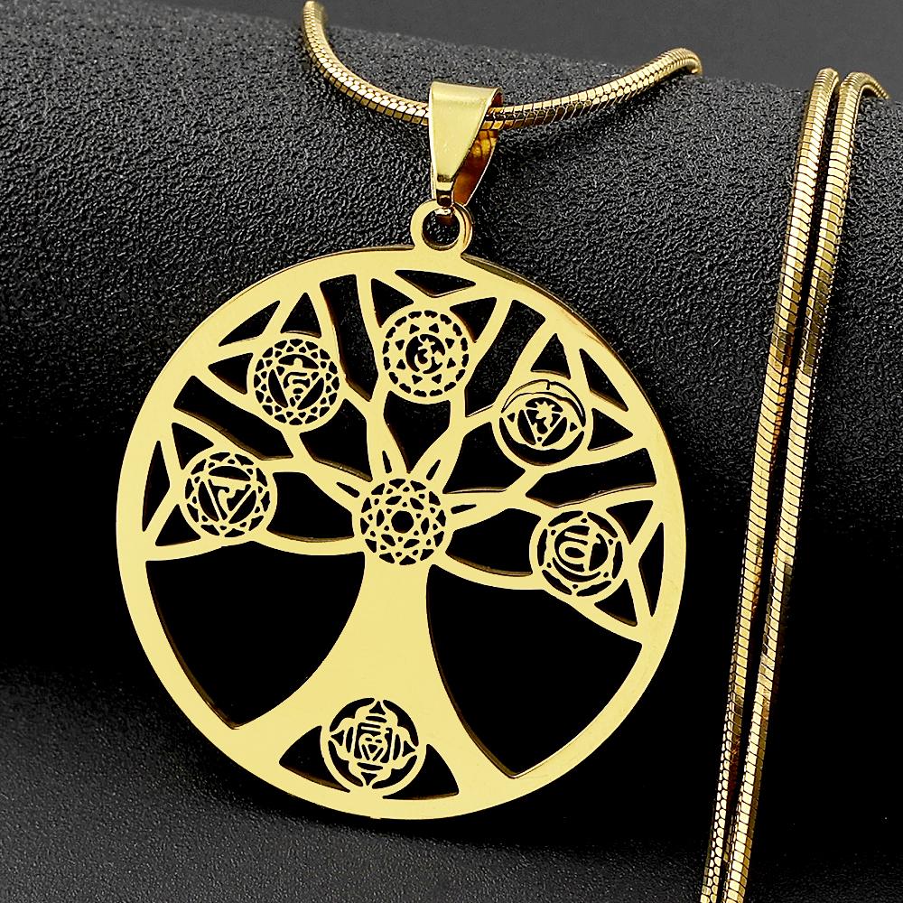 Yoga Hollow Tree of Life 7 Chakras Pendant Necklace for Women Men Stainless Steel Sacred Geometry Reiki Healing Chain Jewelry