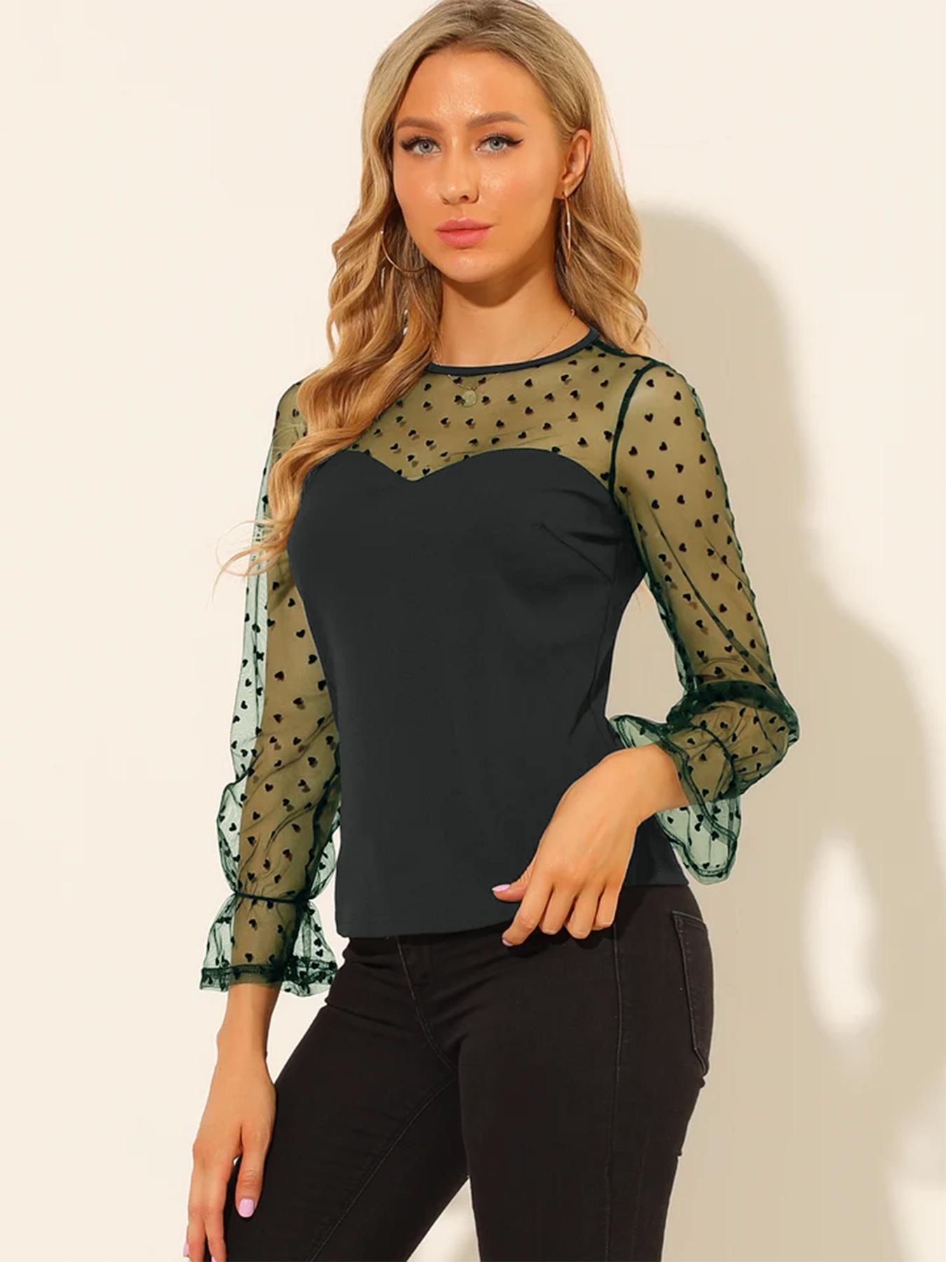 

2026 Spring Mesh Heart Patchwork Round Neck Casual Long Sleeve T-shirt L зелений