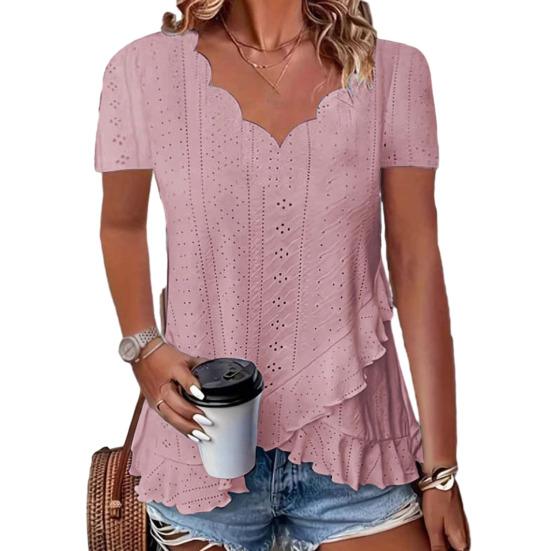 Women Tops V-Neck Short Sleeve Jacquard Decoration Pure Color Loose Fit Pullover Tops Work Party Vacation Casual