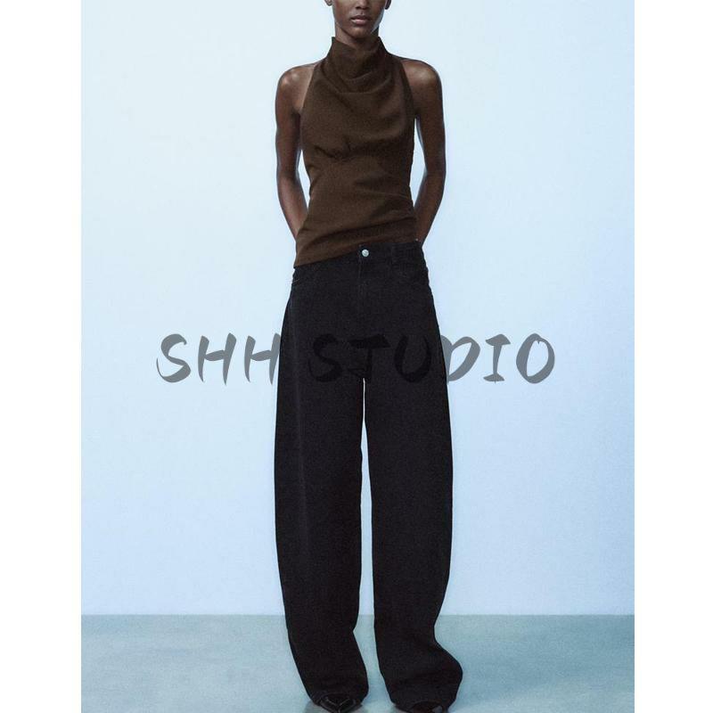 Fall and Winter New Women's Clothing Fashion Fashion Vest Sleeveless Open Back Hanging Collar Short Tops 3644330