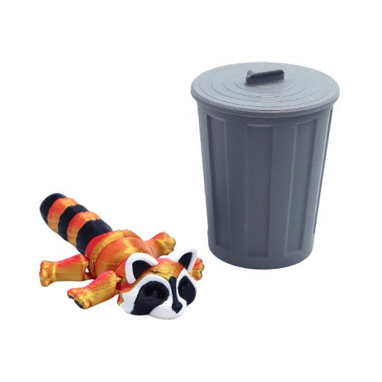 3D Printed Raccoon Figurine Movable Joints Raccoon Fidget Toy Trash Can with Articulated Raccoon Inside Desktop Decoration Ornament