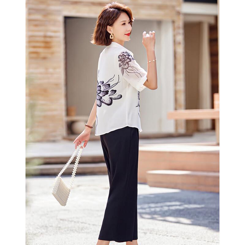 Pasite Floral Print Chiffon Two-Piece Outfit for Middle-Aged Women