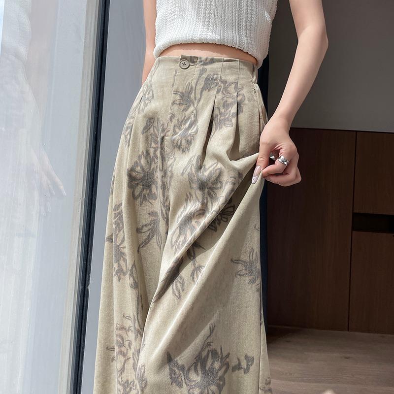 Pantaloni de vară pentru femei, imprimeu vintage, in subțire, talie înaltă, picior larg, cu buzunar