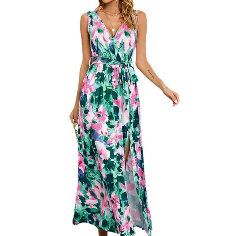 Long dress summer new bohemian print women's clothing, sleeveless V-neck dress