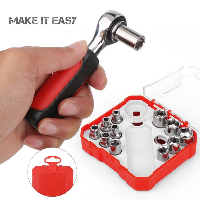13pcs 1/4'' Socket Wrench Combo Set 4-13mm Manual Ratchet Wrench Tool