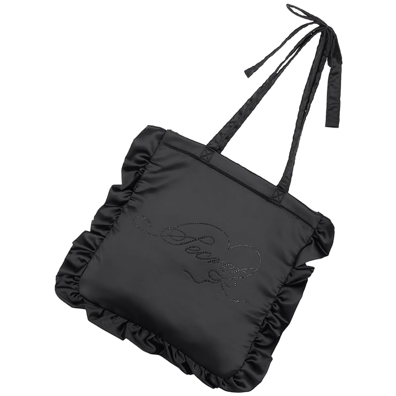 

[SecretDoor] black tote bag shoulder bag Larger big A4 shoulder bag Shoulder bag Thin thin commute Commuting to school ribbon rhinestone frills satin