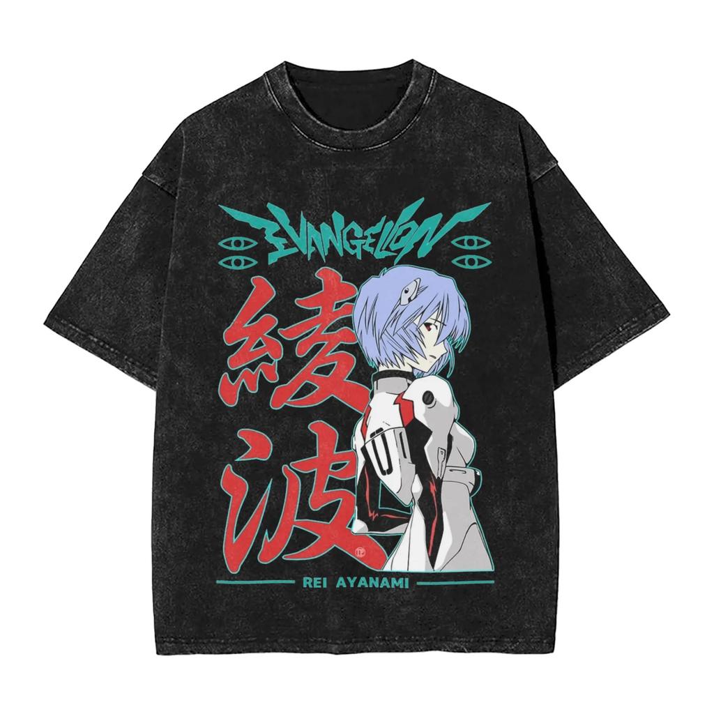 Hot Sale EVA Rei Ayanami Graphic Print T-shirt Men Women Vintage Washed Cotton Summer New Tee Streetwear Y2K Fashion Loose Casual Oversized Top
