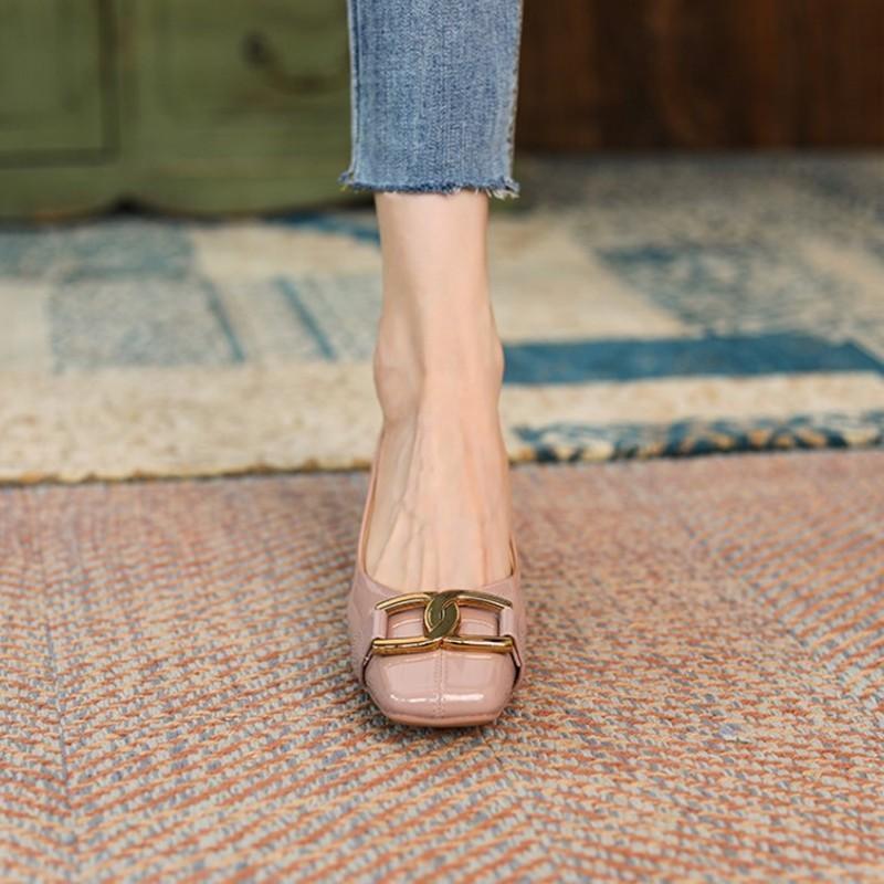 2025 new square head high heels women thick heel two wear can step on the heel single shoes patent leather metal autumn