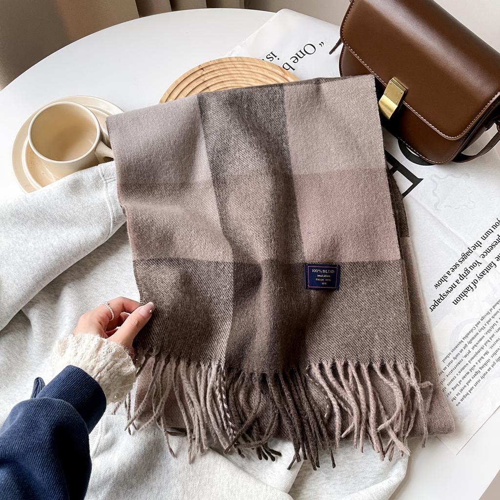 Retro plaid scarf men's and women's autumn and winter coffee color atmosphere imitation cashmere scarf shawl warm fringed scarf