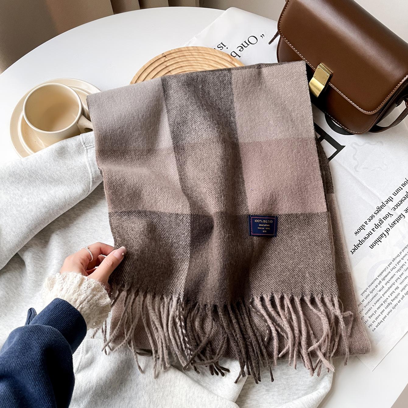 Retro plaid scarf men s and women s autumn and winter coffee color atmosphere imitation cashmere scarf shawl warm fringed scarf 190*23cm