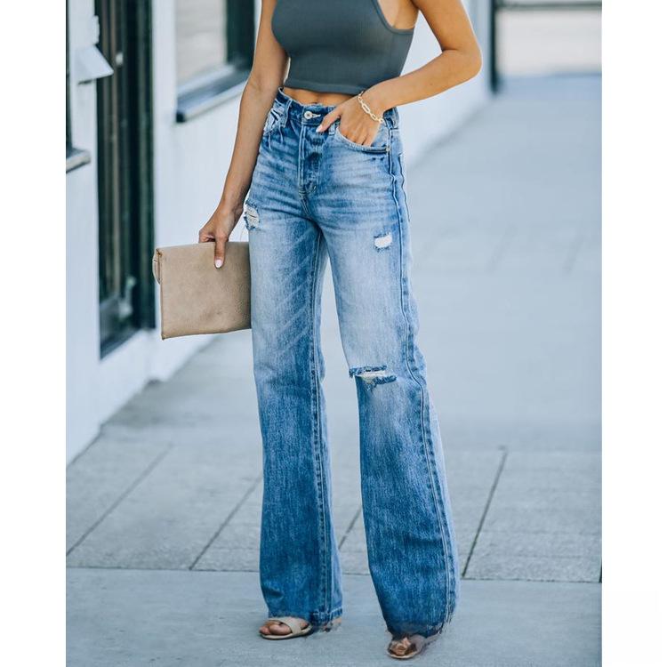 Stylish Mid-Waist Ripped Denim Trousers for Women, Straight Leg Cut