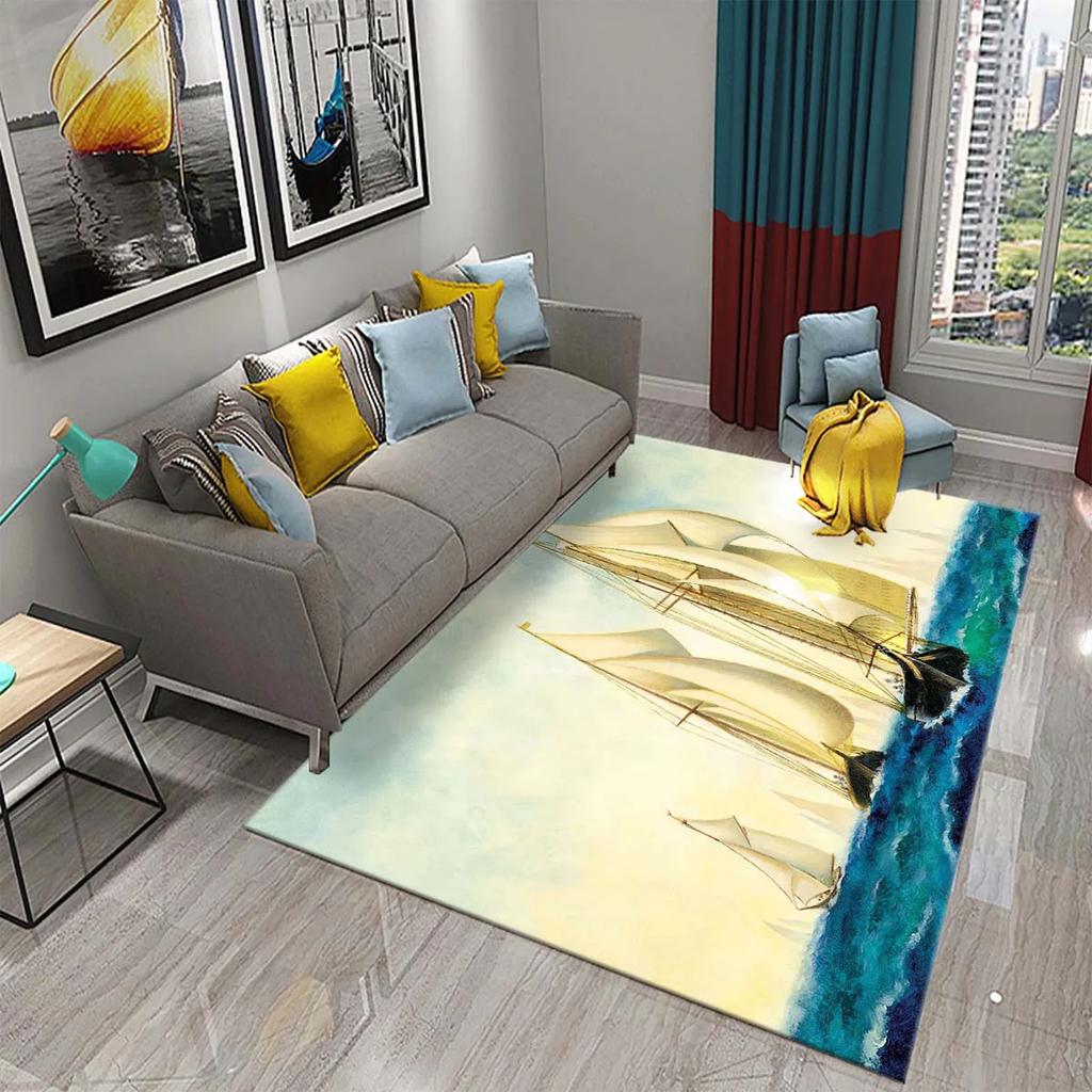 3D Oil Painting Sailboat Carpet Abstract Art Rugs for Living Room Bedroom Decor Mats Bathroom Kitchen Entrance Non-Slip Carpet
