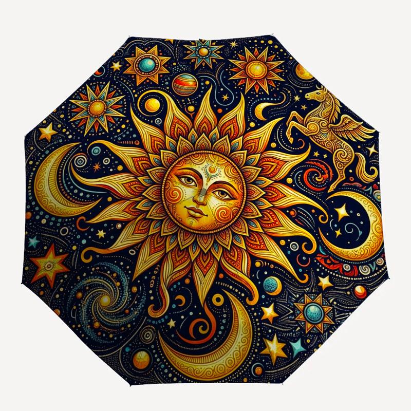 1pc Sun, Celestial, Mandala Umbrella with Plastic Handle,Compact & Stylish,Suitable for All Seasons YS331069
