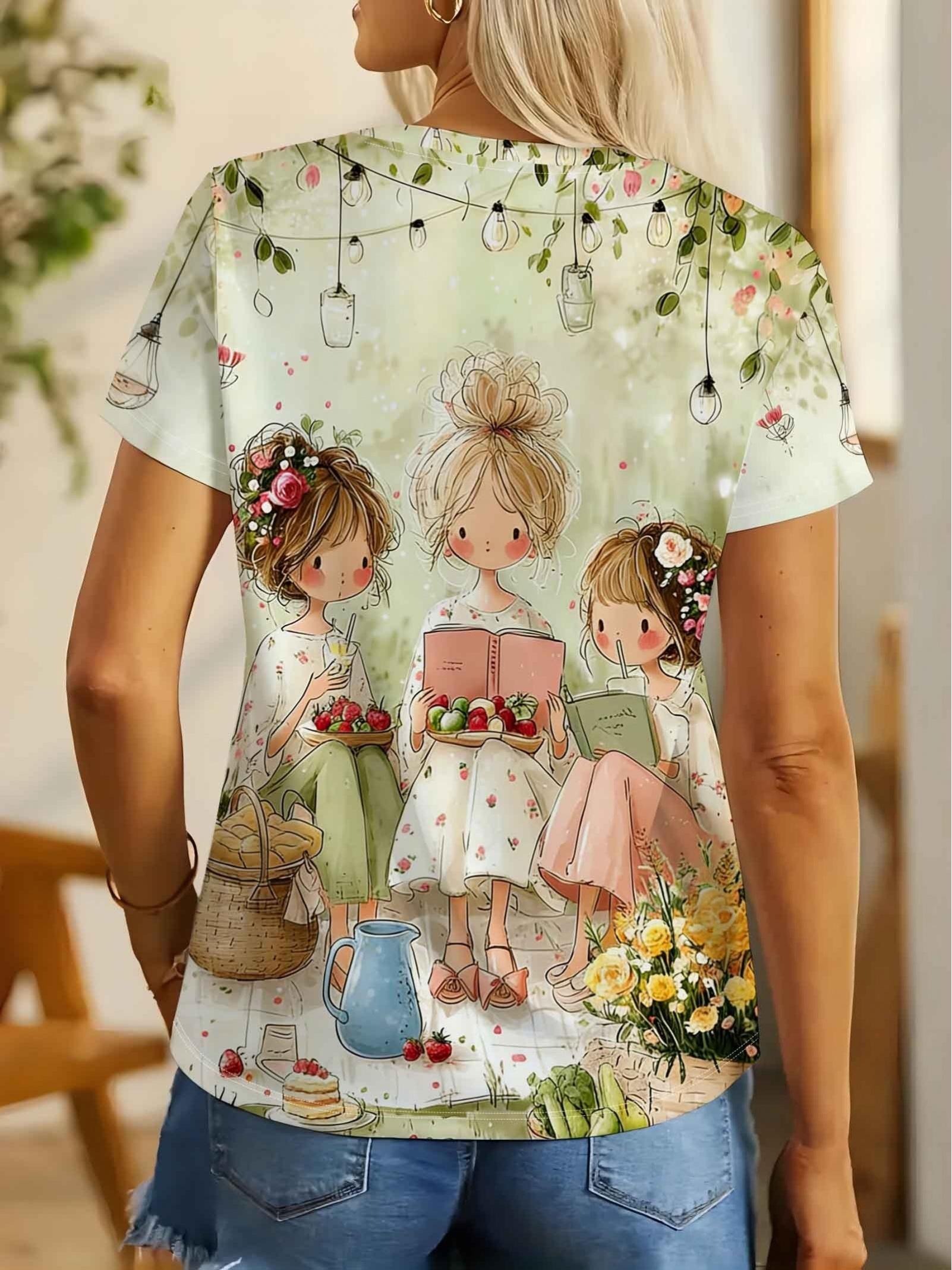 Women S Country Style Print T-Shirt. Artistic Fresh Short Sleeve Top - Art Illustration Print. Body-Friendly Round Neck Short Sleeve. Individualistic S