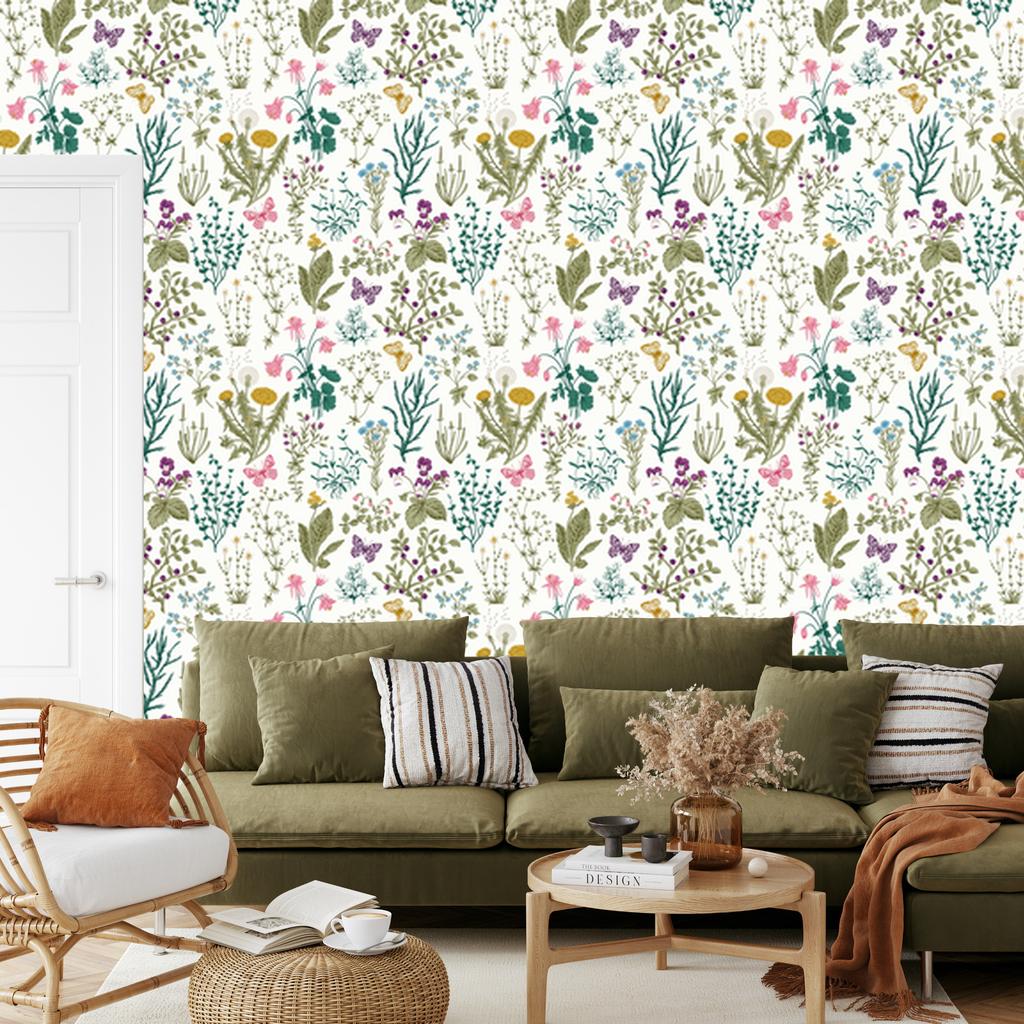 Wild Flowers with Butterflies Wallpaper for Living Room and Bedroom 50x1000