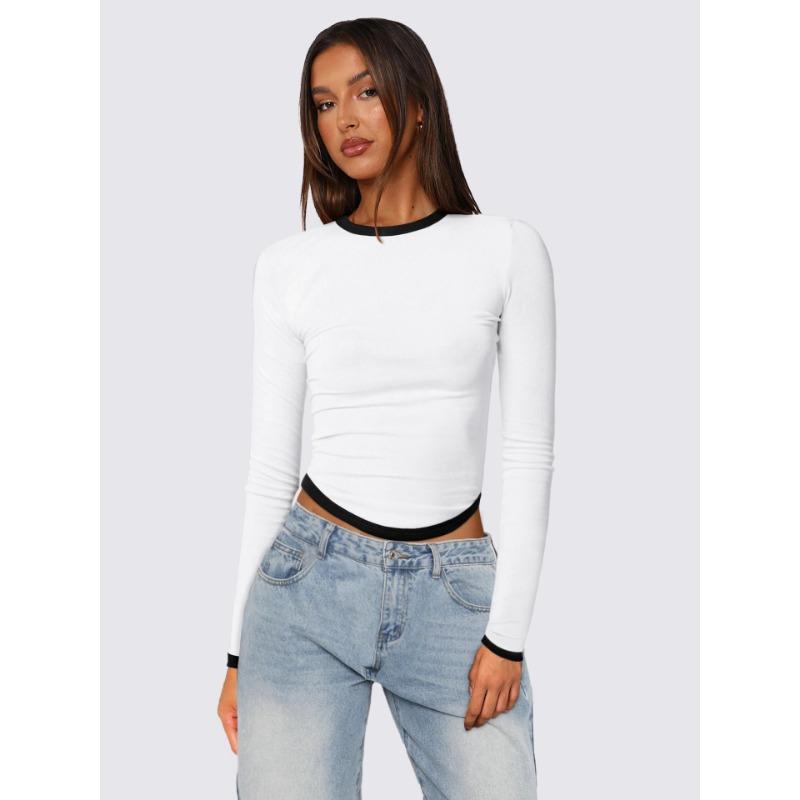 Damen Frühling und Sommer Neu Langärmlig Rundhals Slim Kontrastfarbe Kurz Geschnittene Pullover Tops