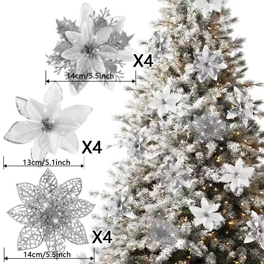 6-24 Stück 15cm Künstliche Weihnachtsblumen mit Clips Stielen, Weihnachtsbaumschmuck Glitzerblume für Girlande Neujahrsparty Dekoration