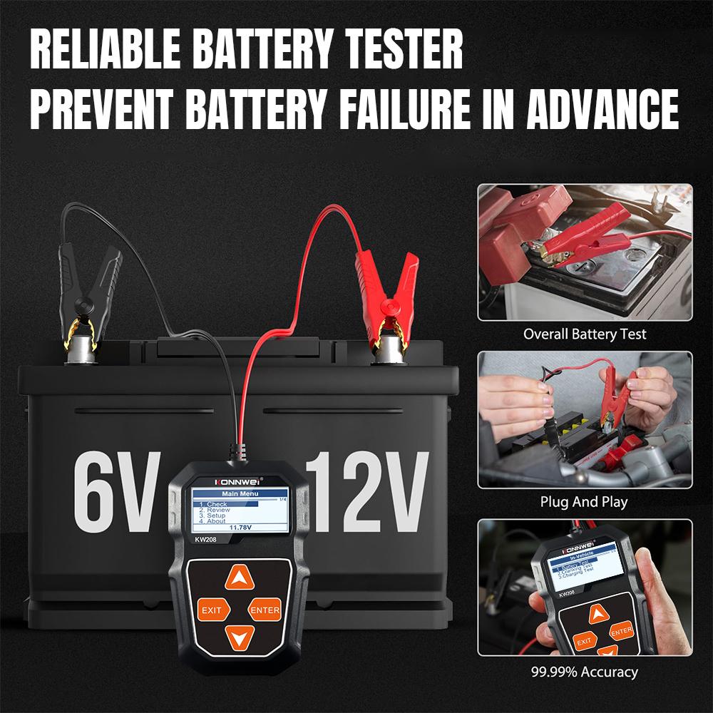 KONNWEI KW208 Battery Tester 12V Automotive Battery Charger Inspection Tools 100 to 2000CCA Cranking Charging Circut Analyzer
