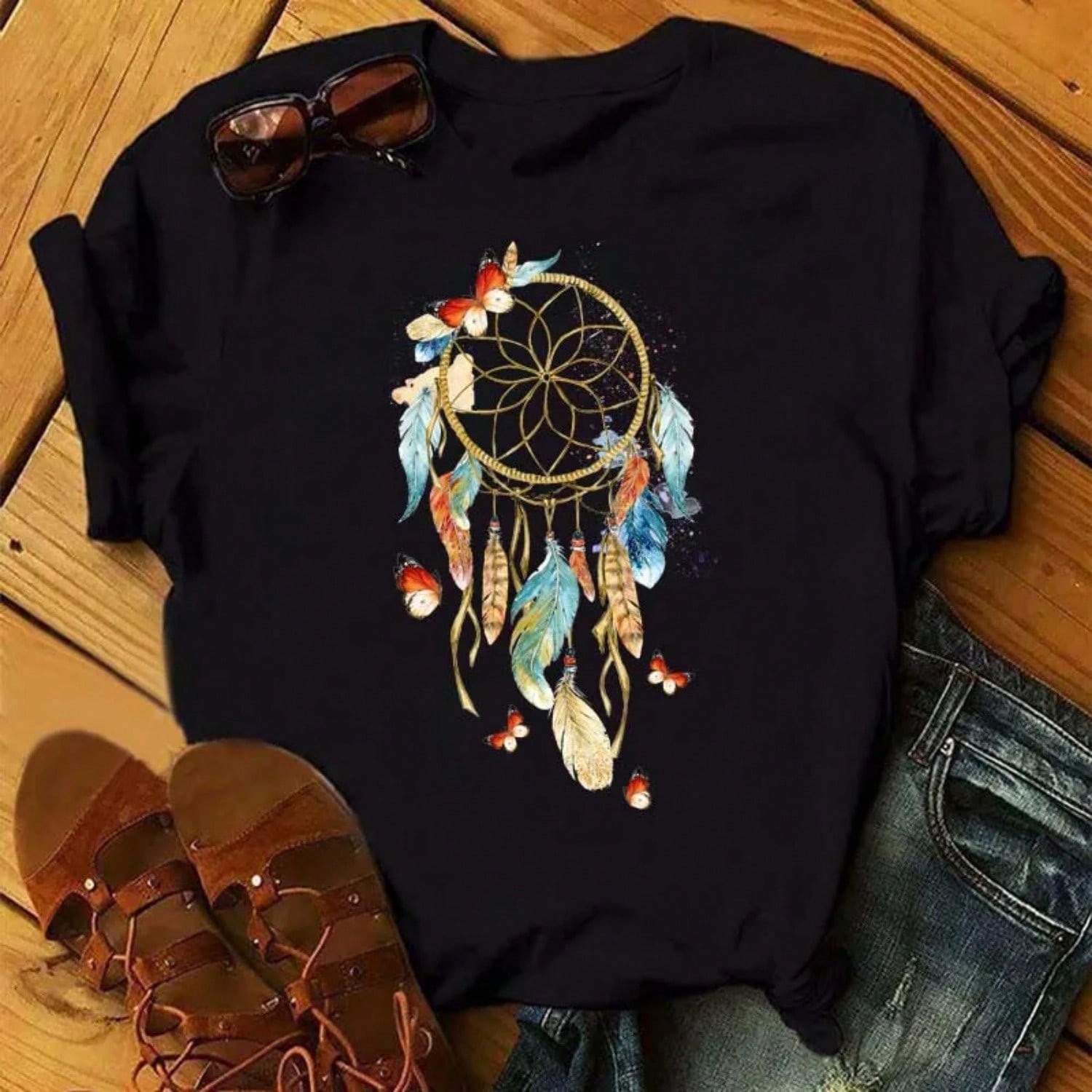 Fashion Feather Dreamcatcher T Shirt Wounisex Harajuku Graphic Tees Shirt Femme Dream Catcher Wounisex s T-Shirt Clothes Tops S разноцветный