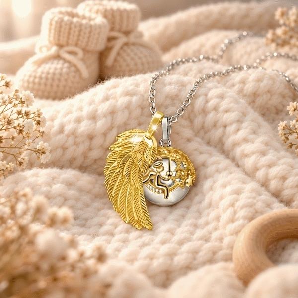 Goldene Engelsflügel-Schwangerschaftsbola und Engel auf einem Mond mit Kristallen