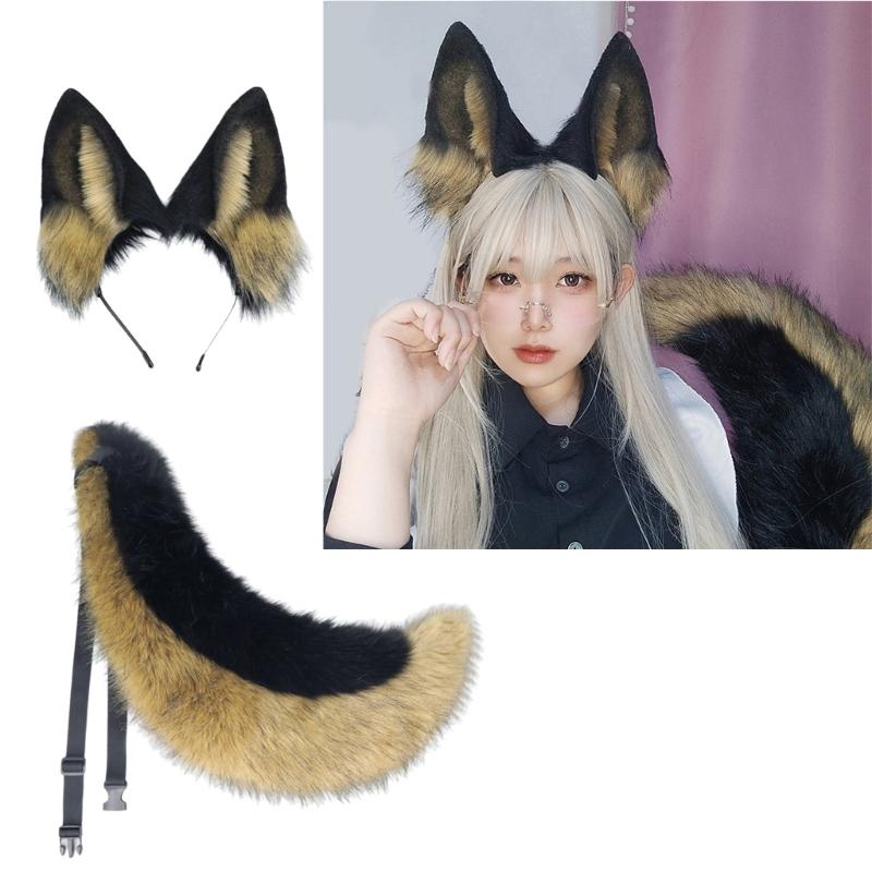 Katzen Kostüm Zubehör Kunstpelz Fuchsschwanz und Ohren Stirnband Set Tier Halloween Cosplay Kostüm für Damen Herren Geschenke