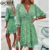 QICED Summer Floral Print Mini Dresses Women Vintage Sexy A-Line V-Neck Half Sleeve Party Dress Female Casual Elegant Beach Dress