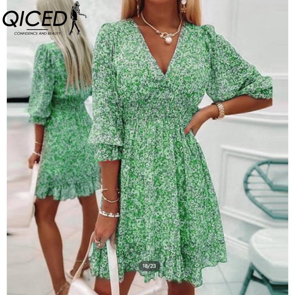 QICED Summer Floral Print Mini Dresses Women Vintage Sexy A-Line V-Neck Half Sleeve Party Dress Female Casual Elegant Beach Dress