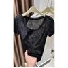 Summer Women Round Neck Textured Sheer Slim White Short Sleeve Top